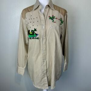 Vintage Frog Embroidered Shirt Womens Small Striped Novelty Button Up Top 90s